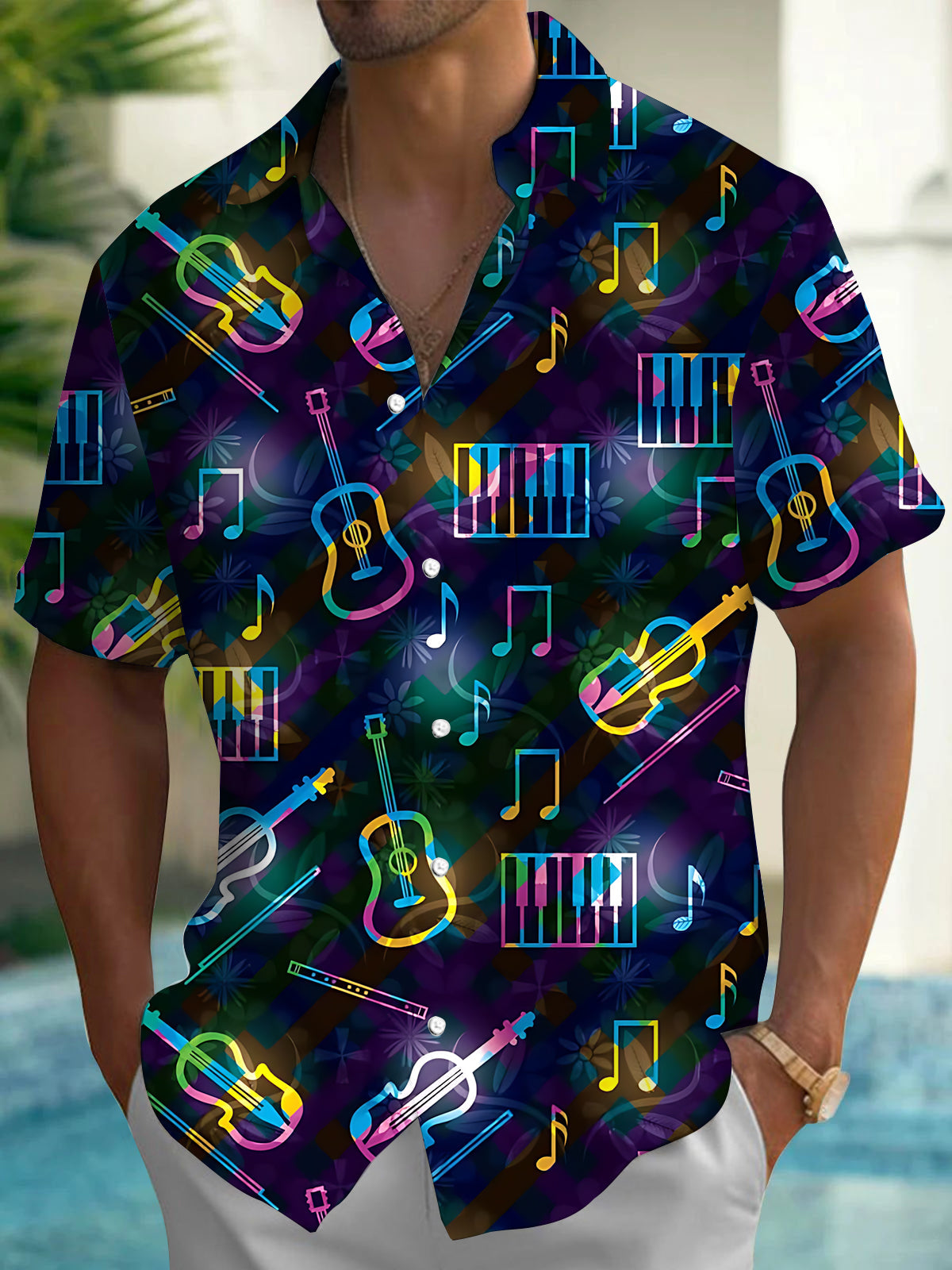 Oceanlyte Men's Hawaiian Musical Instruments Print Short Sleeve Shirt with Chest Pocket