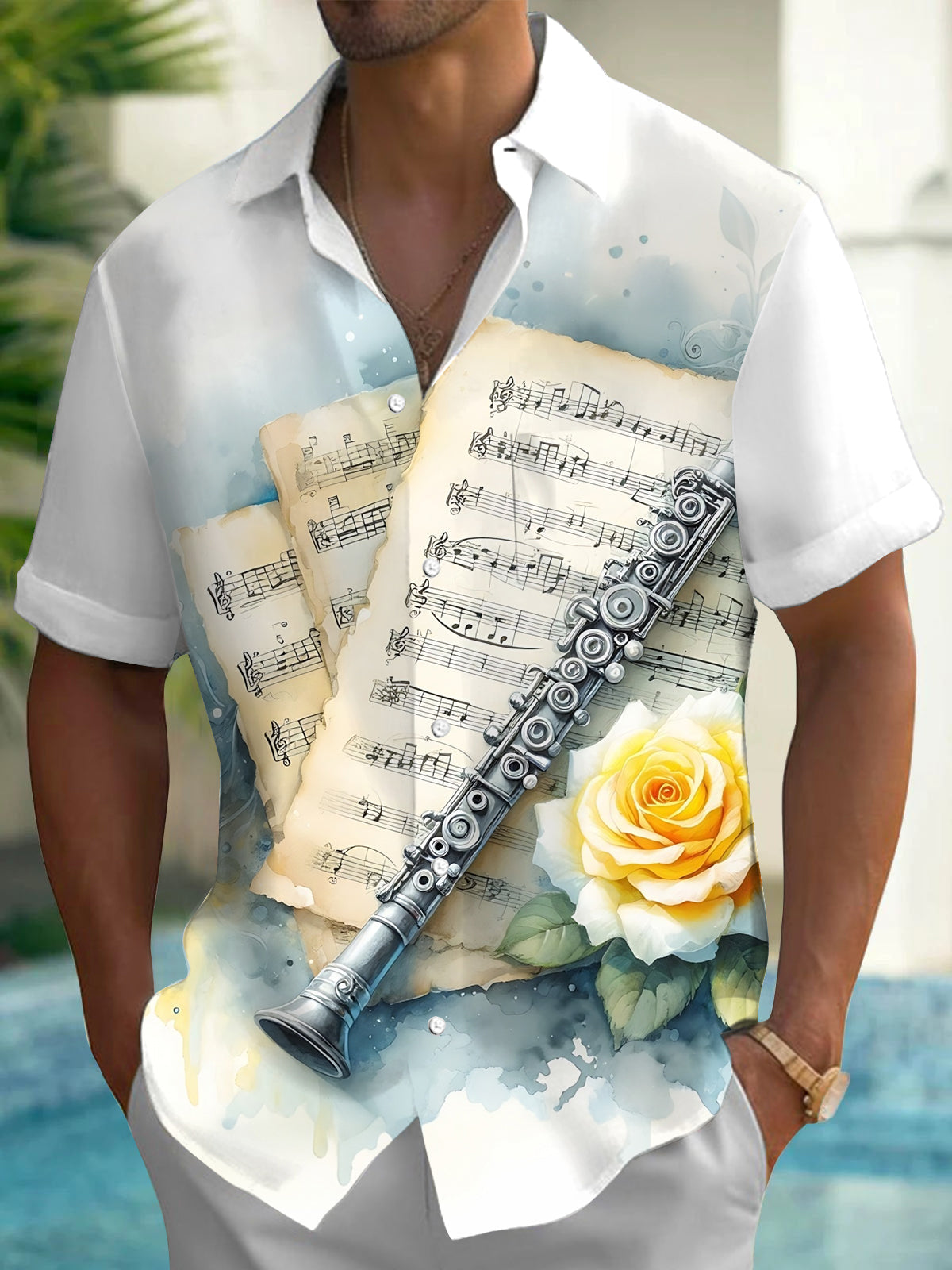 Oceanlyte Men's Vintage Style Sheet Music Print Short Sleeve Shirt with Chest Pocket