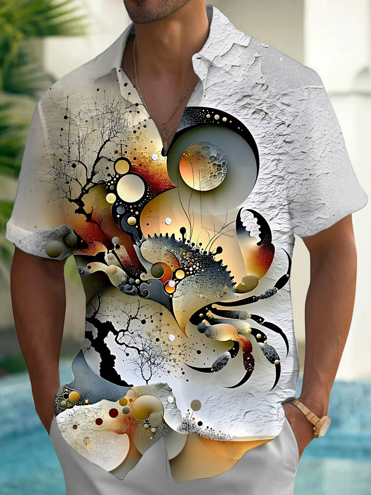 Oceanlyte Men's Printed Abstract Crab Design Print Short Sleeve Shirt with Chest Pocket