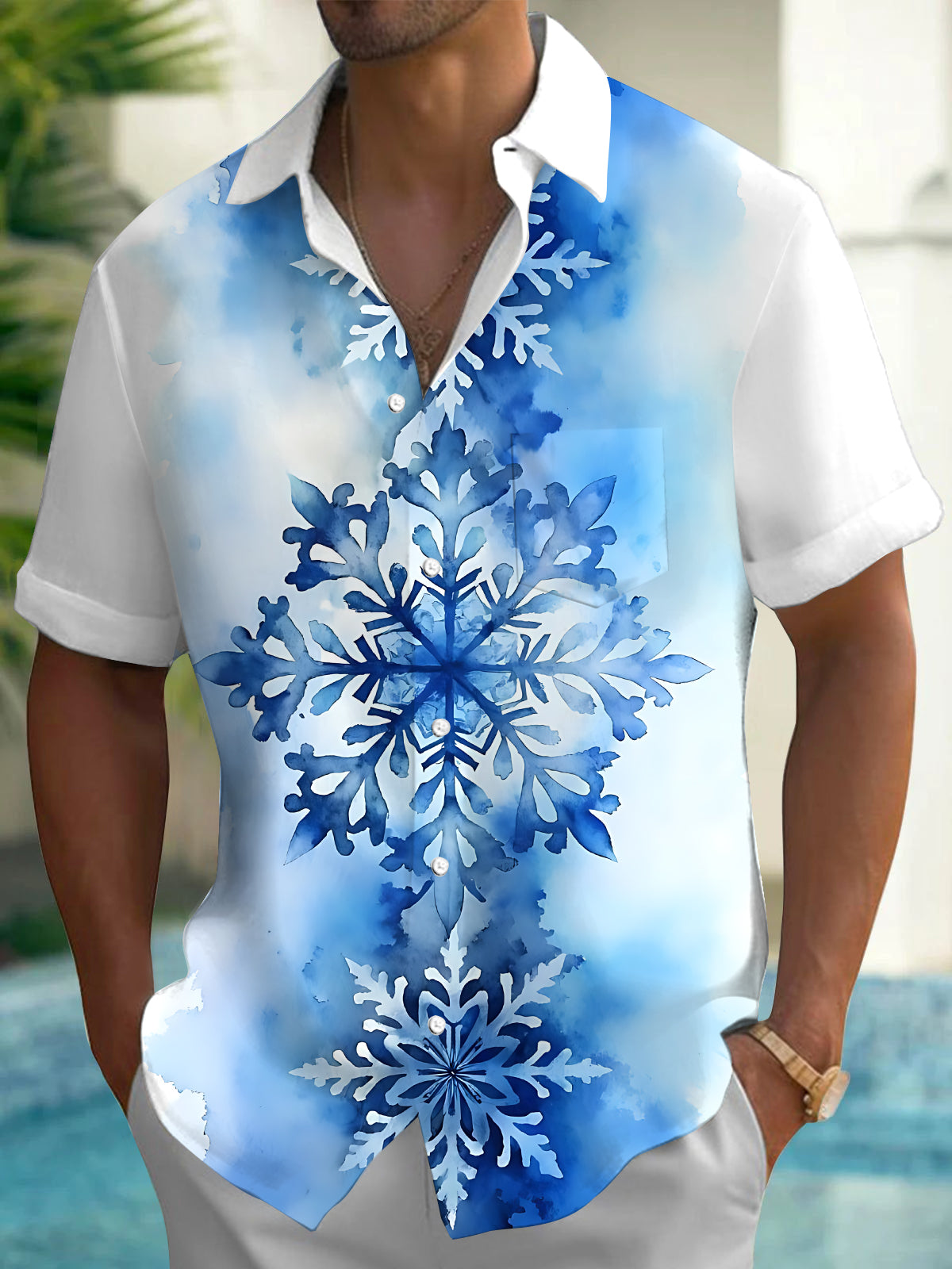 Oceanlyte Men's Printed Watercolor Snowflake Print Short Sleeve Shirt with Chest Pocket