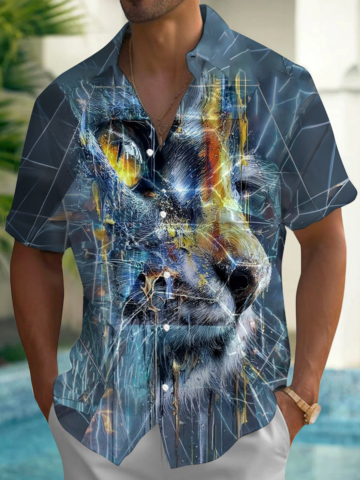 Oceanlyte Men's Printed Abstract Wolf Face Print Short Sleeve Shirt with Chest Pocket