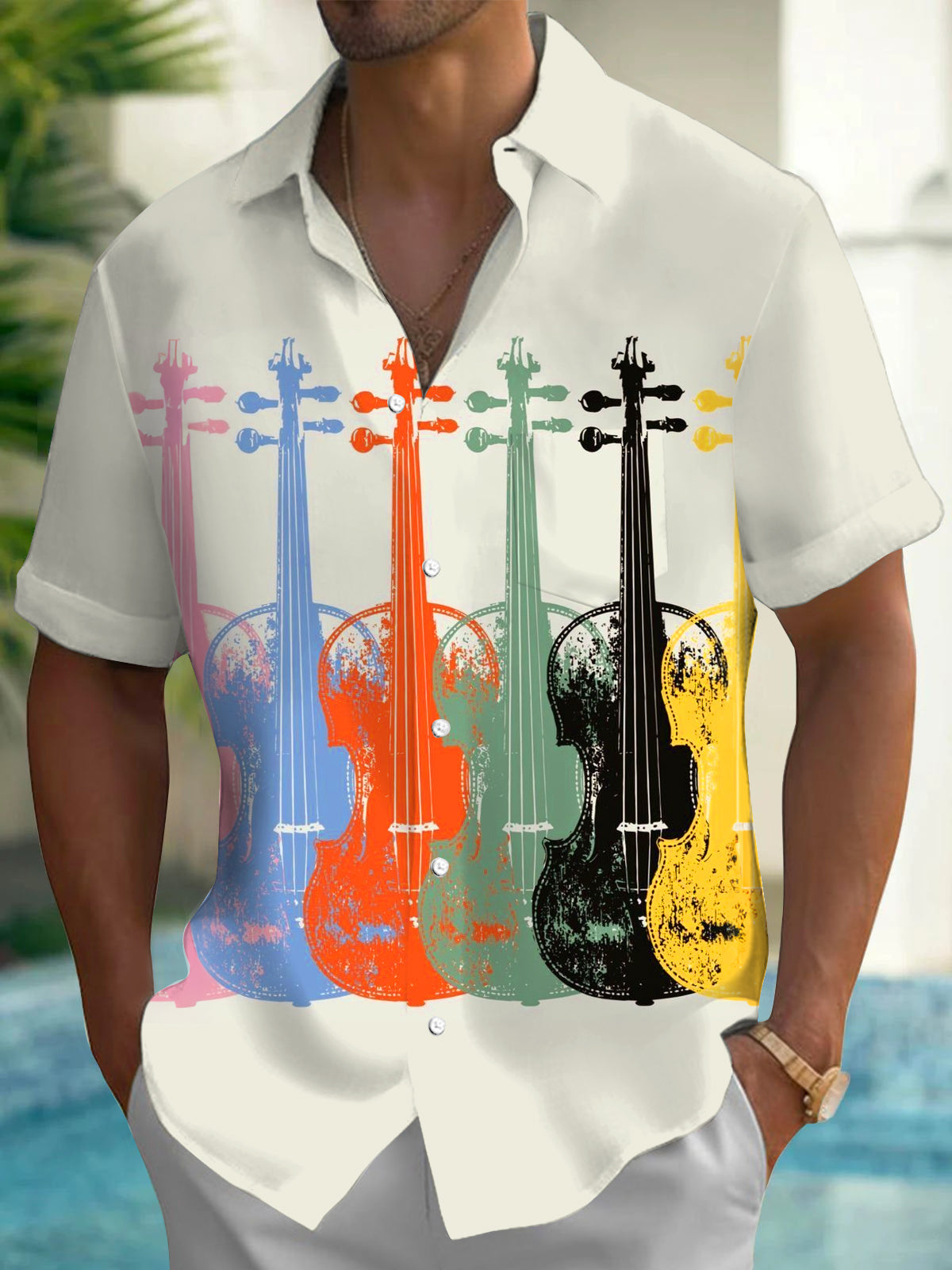 Oceanlyte Men's Printed Colorful Violin Print Short Sleeve Shirt with Chest Pocket