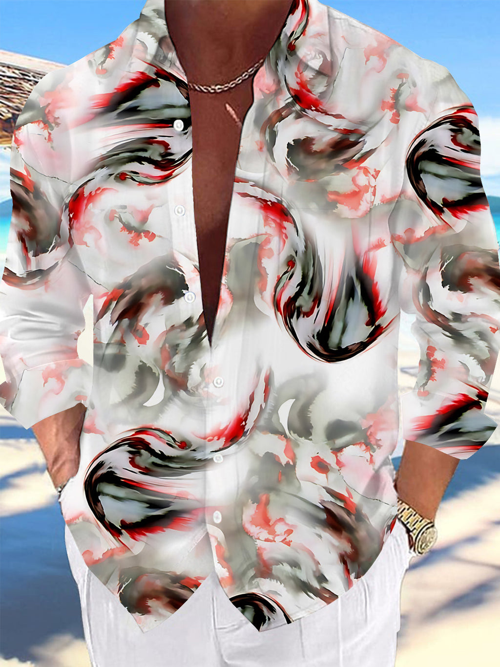 Oceanlyte Men's Printed Abstract Swirl Pattern Long Sleeve Shirt with Chest Pocket