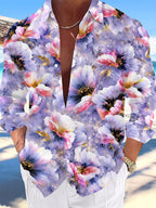 Oceanlyte Men's Hawaiian Purple Floral Print Long Sleeve Shirt with Chest Pocket