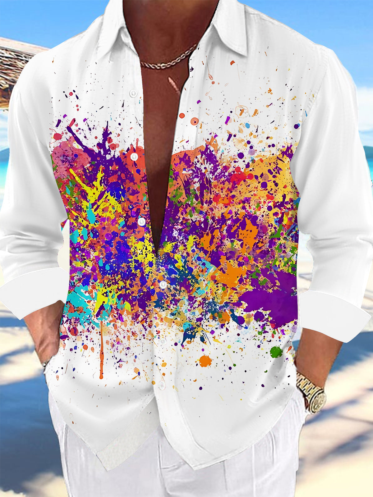 Oceanlyte Men's Printed Colorful Splashing Ink Print Long Sleeve Shirt with Chest Pocket
