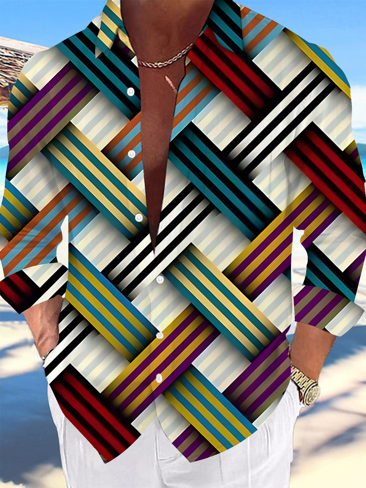 Oceanlyte Men's Printed Colorful Geometric Stripes Print Long Sleeve Shirt with Chest Pocket