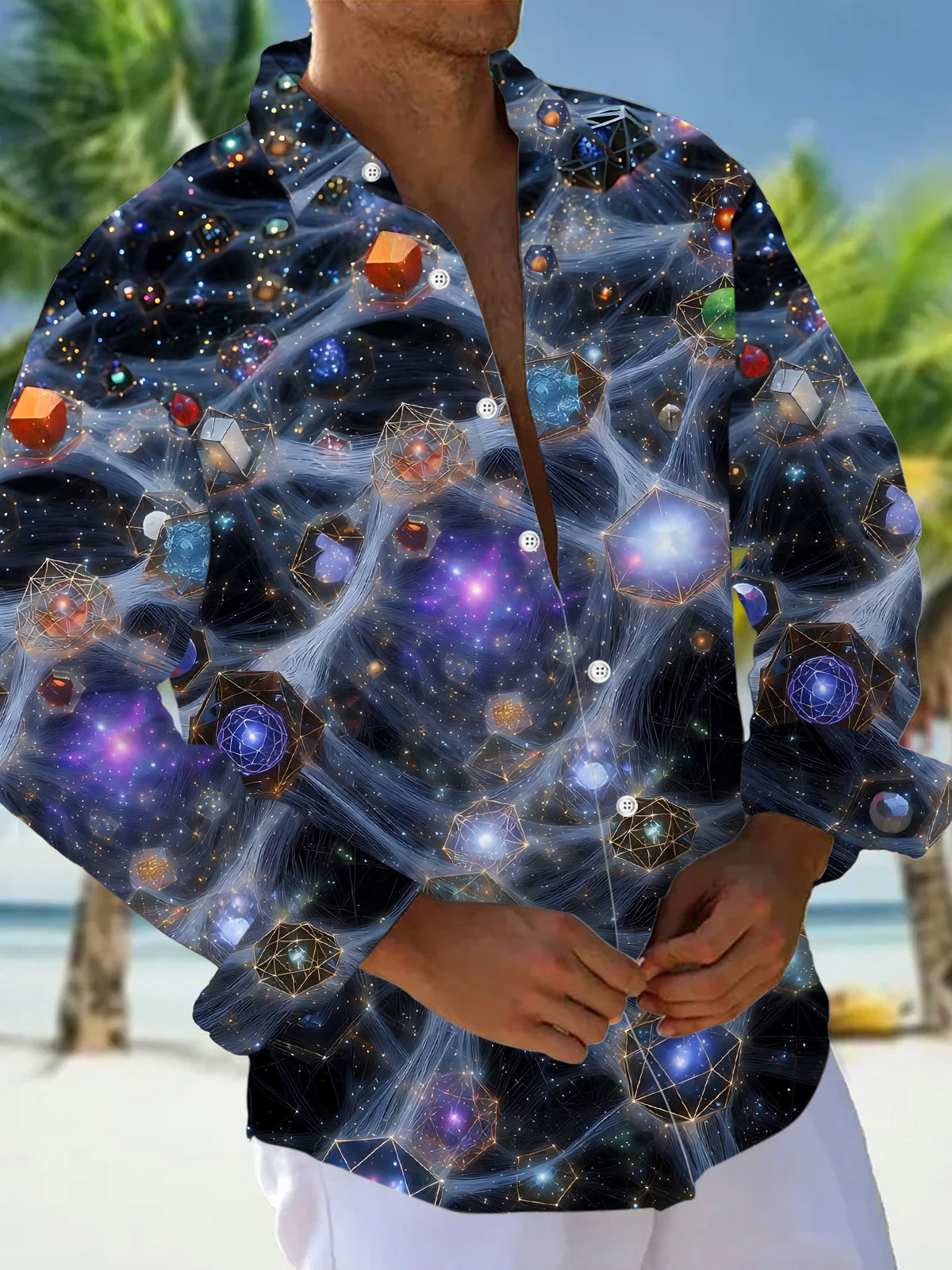 Oceanlyte Men's Graphic Cosmic Space Nebula Print Long Sleeve Shirt with Chest Pocket