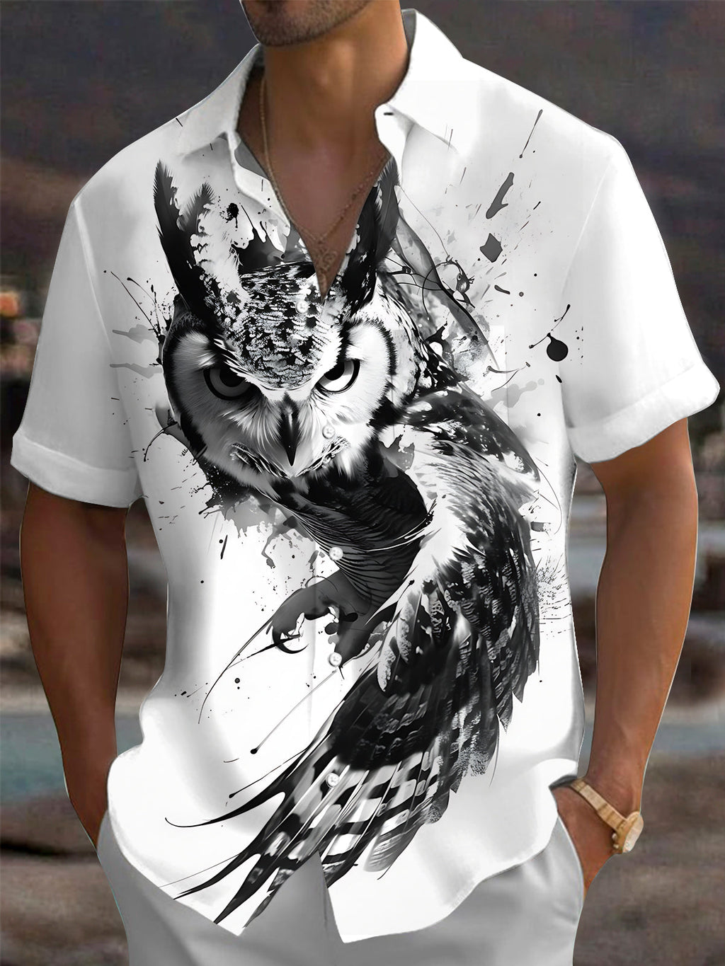 Oceanlyte Men's Printed Owl Graphic Ink Splatter Print Short Sleeve Shirt with Chest Pocket