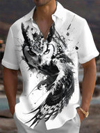 Oceanlyte Men's Printed Owl Graphic Ink Splatter Print Short Sleeve Shirt with Chest Pocket