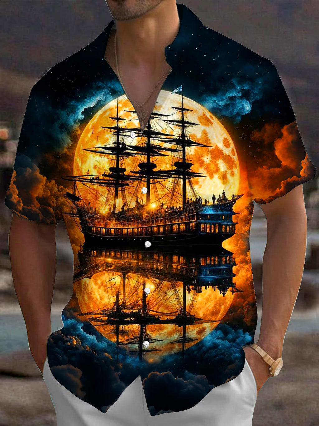 Oceanlyte Men's Vintage Style Sailing Ship Silhouette Print Short Sleeve Shirt with Chest Pocket