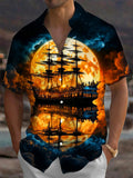 Oceanlyte Men's Vintage Style Sailing Ship Silhouette Print Short Sleeve Shirt with Chest Pocket