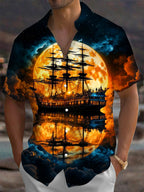 Oceanlyte Men's Vintage Style Sailing Ship Silhouette Print Short Sleeve Shirt with Chest Pocket