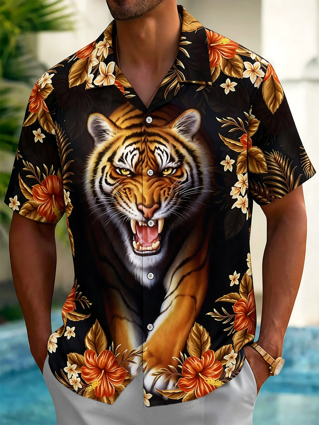 Oceanlyte Men's Hawaiian Tiger Face Print Short Sleeve Shirt with Chest Pocket
