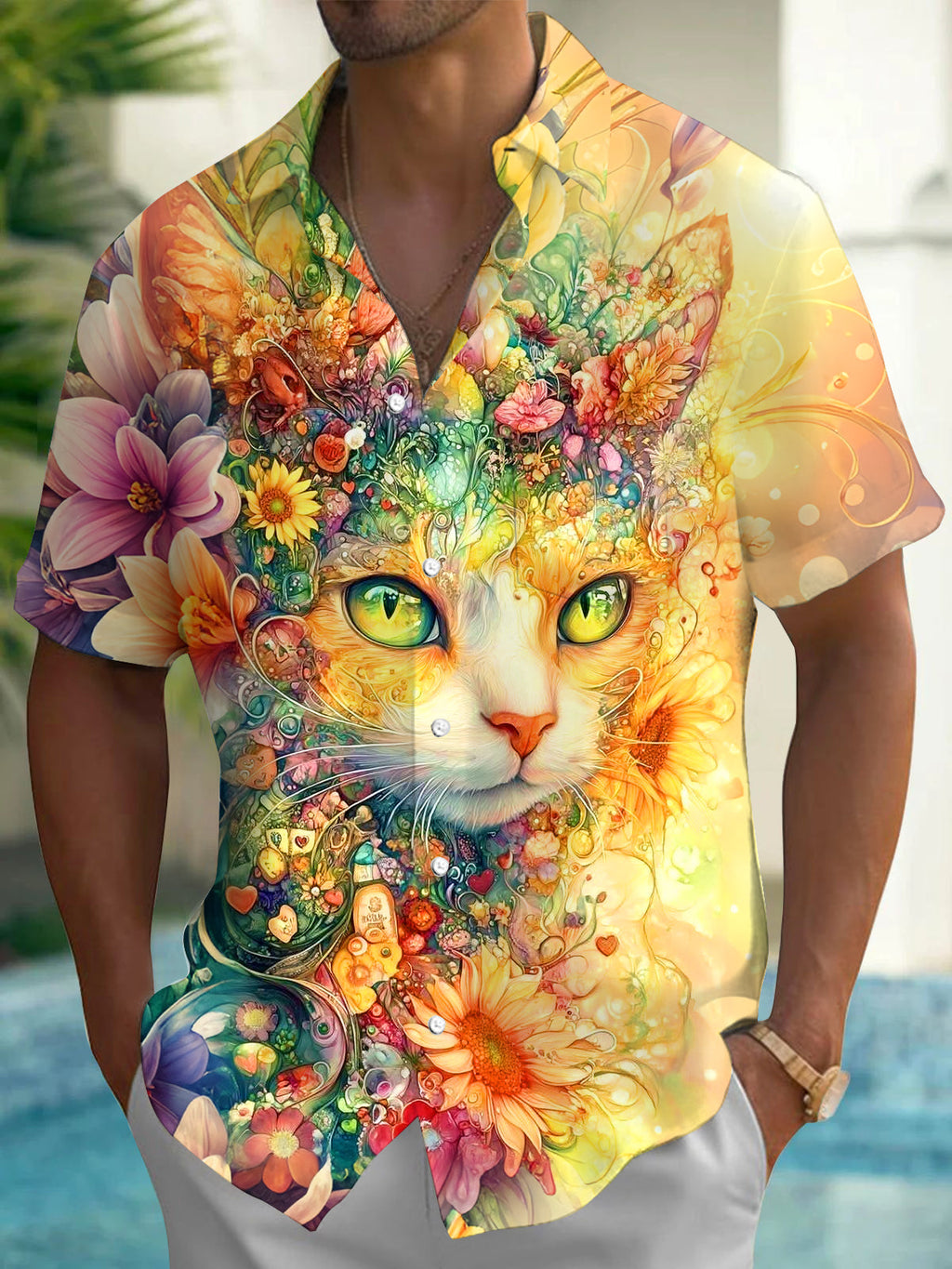 Oceanlyte Men's Hawaiian Cat Face Print Floral Pattern Short Sleeve Shirt with Chest Pocket