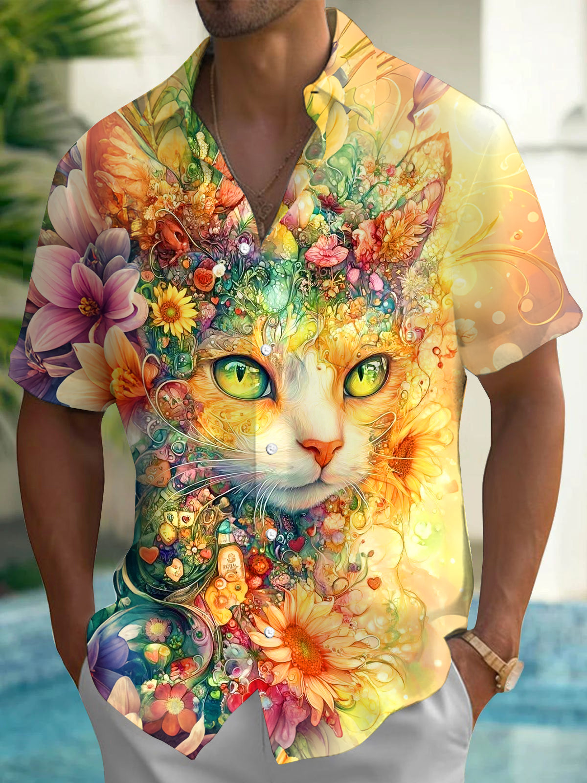 Oceanlyte Men's Hawaiian Cat Face Print Floral Pattern Short Sleeve Shirt with Chest Pocket