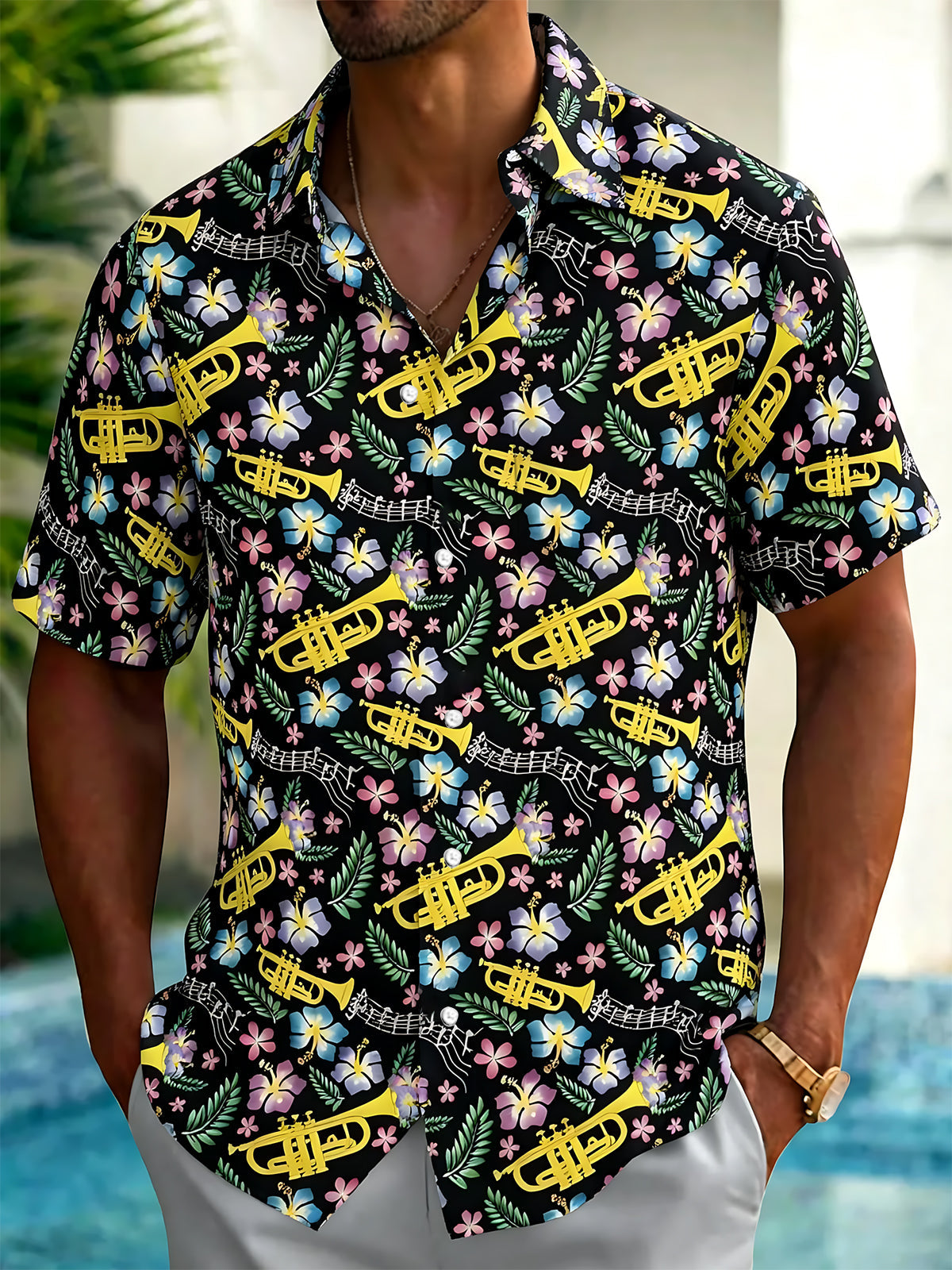 Oceanlyte Men's Hawaiian Trumpet Musical Notes Print Short Sleeve Shirt with Chest Pocket