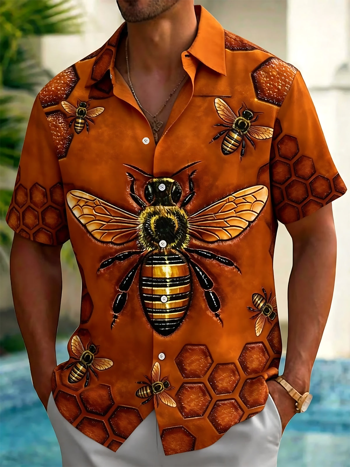 Oceanlyte Men's Printed Bee Print Honeycomb Pattern Short Sleeve Shirt with Chest Pocket