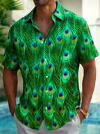 Oceanlyte Men's Tropical Peacock Feather Print Short Sleeve Shirt with Chest Pocket