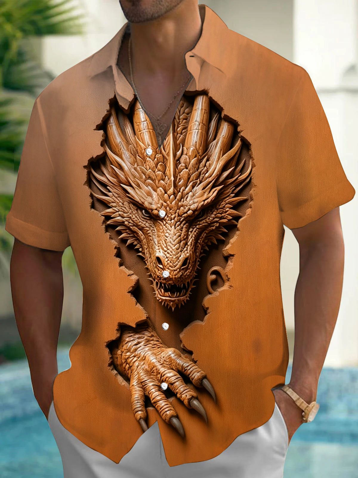 Oceanlyte Men's 3D 3D Dragon Burst Print Short Sleeve Shirt with Chest Pocket