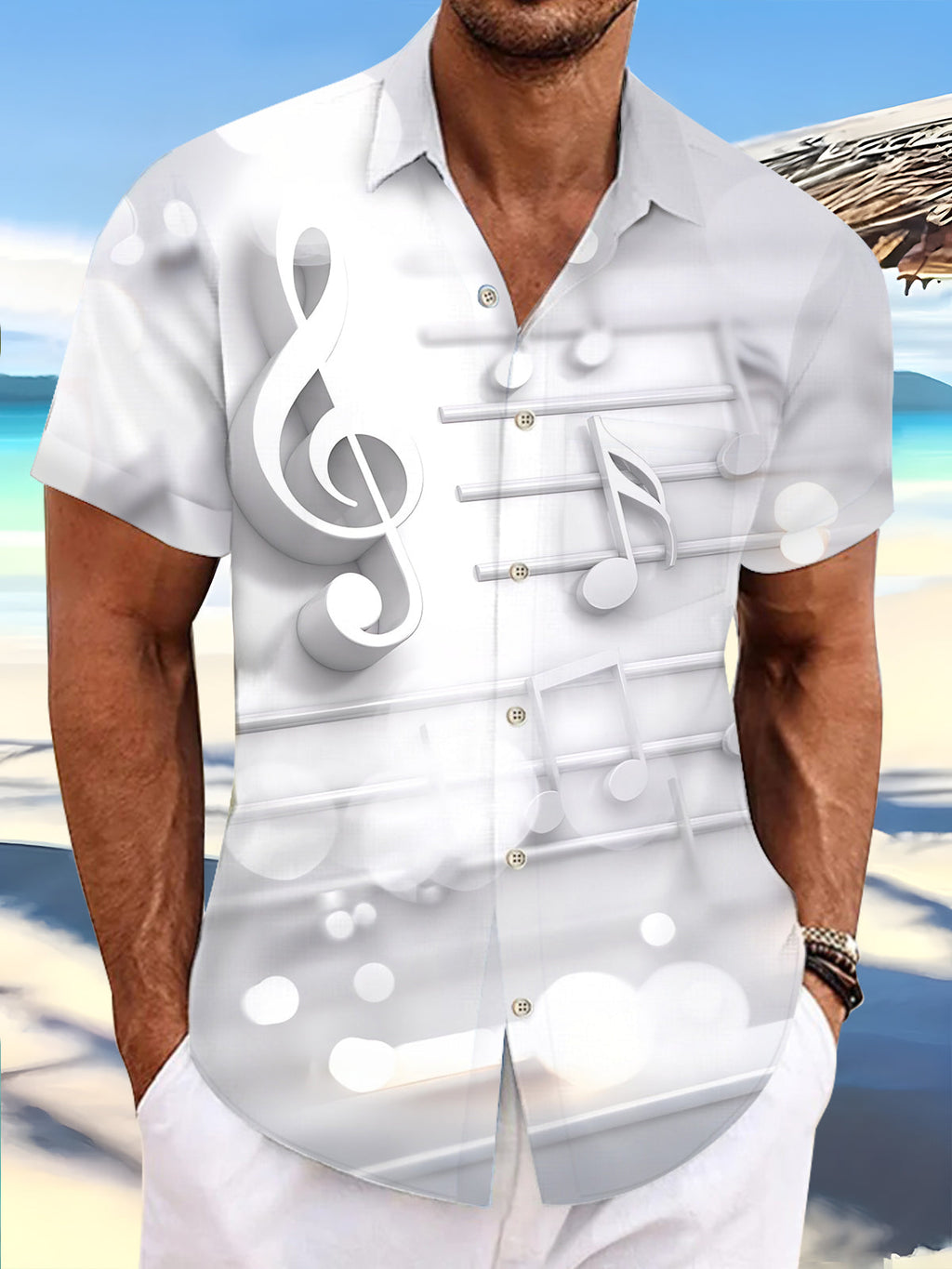Oceanlyte Men's Printed Musical Notes Print Treble Clef Print Short Sleeve Shirt with Chest Pocket