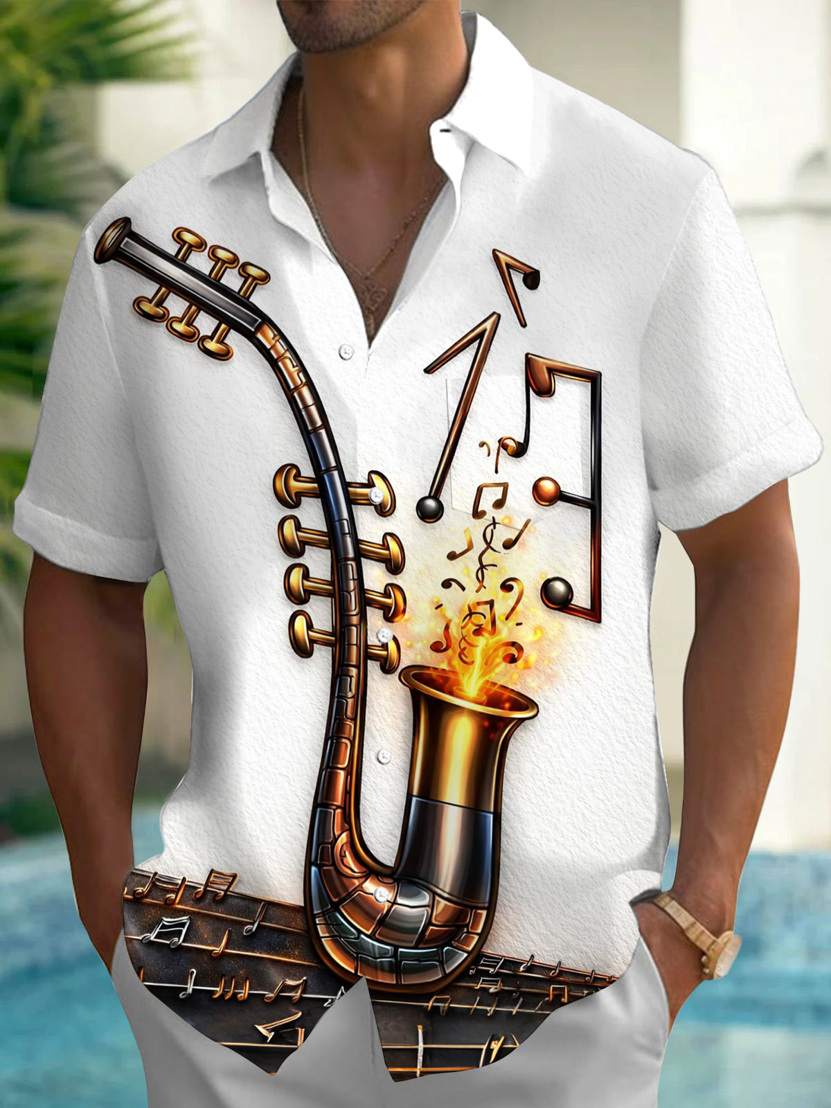 Oceanlyte Men's Graphic Saxophone Print Musical Notes Print Short Sleeve Shirt with Chest Pocket
