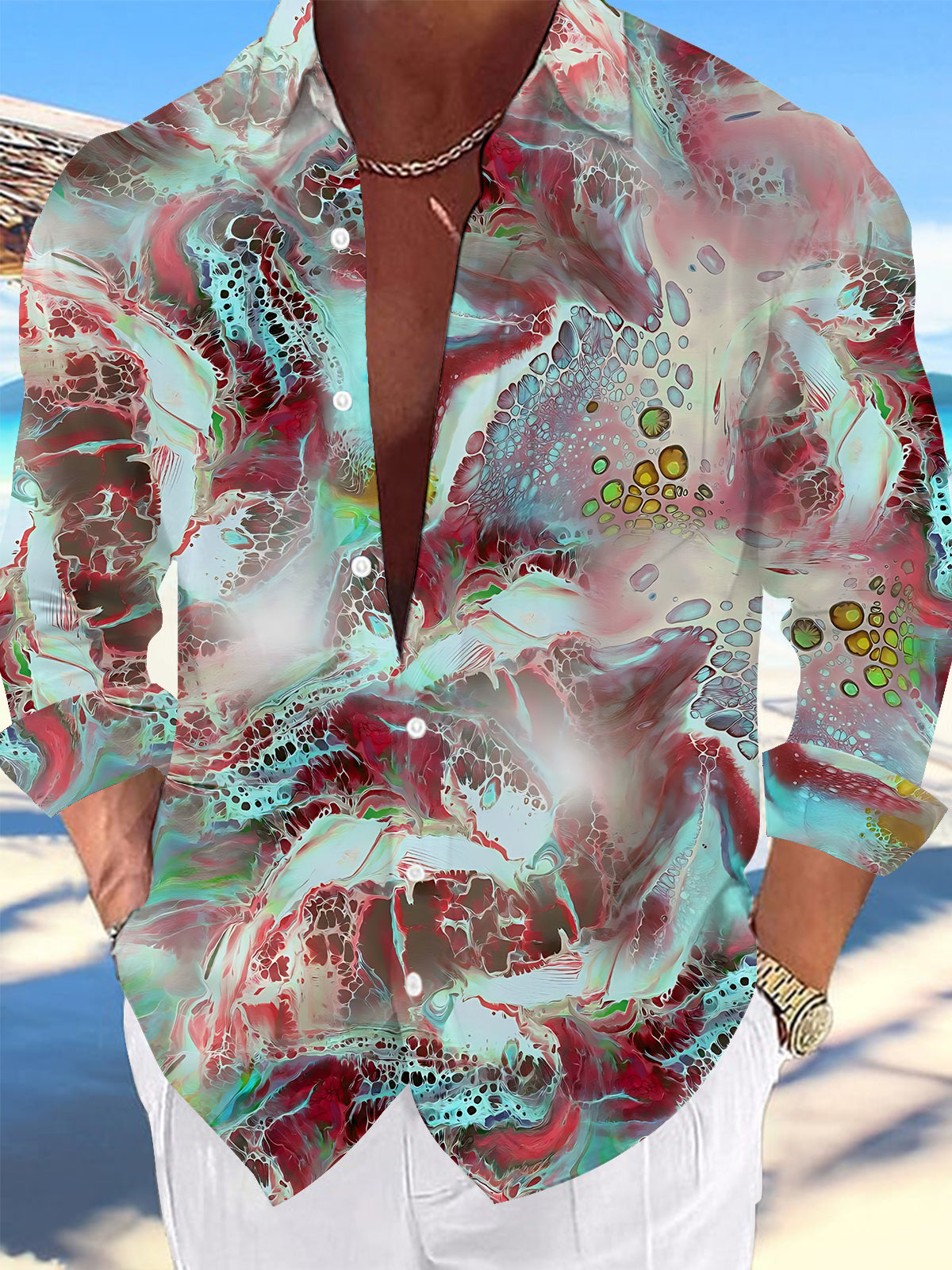 Oceanlyte Men's Printed Abstract Fluid Marble Print Long Sleeve Shirt with Chest Pocket