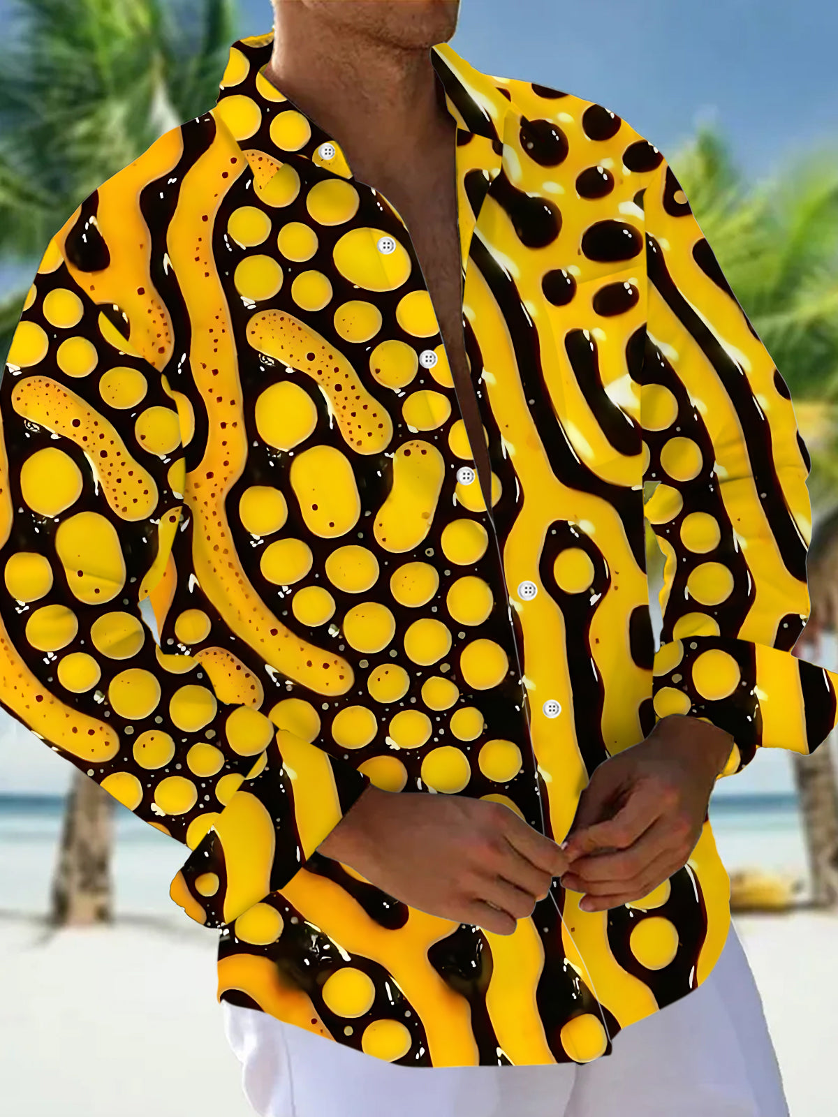 Oceanlyte Men's Abstract Yellow And Black Circles Print Long Sleeve Shirt with Chest Pocket