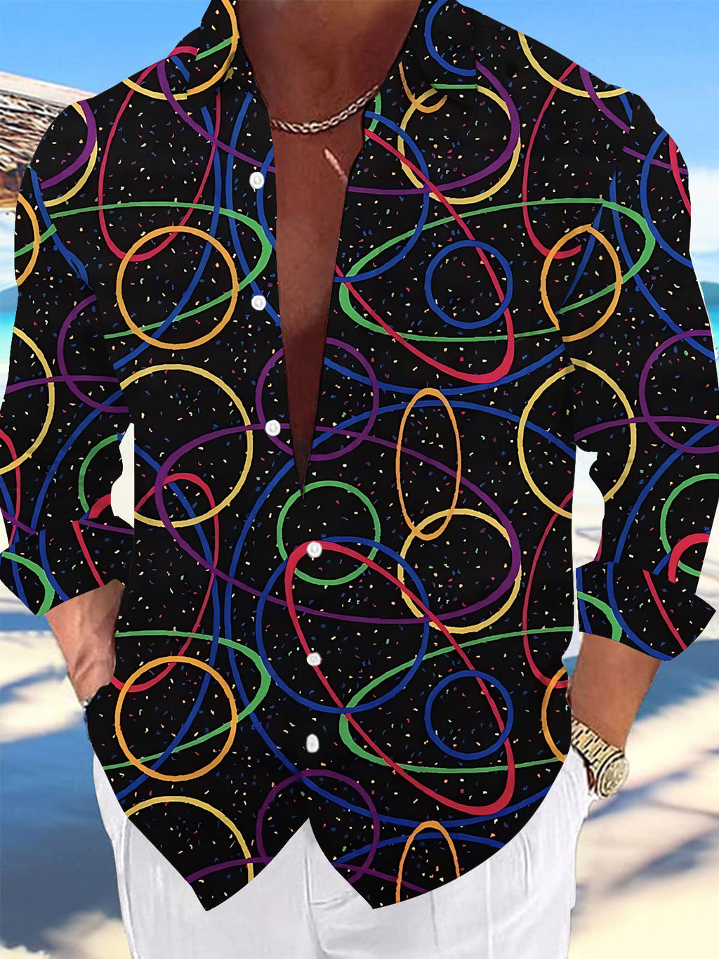 Oceanlyte Men's Printed Colorful Geometric Circles Print Long Sleeve Shirt with Chest Pocket