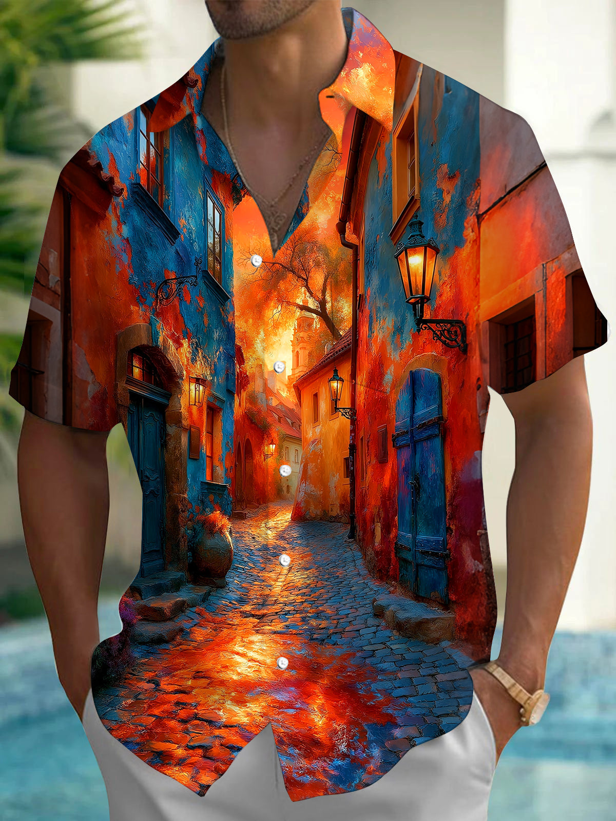 Oceanlyte Men's Vintage Style European Street Scene Print Short Sleeve Shirt with Chest Pocket