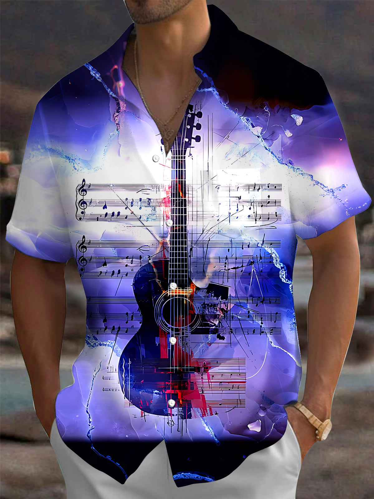 Oceanlyte Men's Graphic Guitar Print Musical Notes Print Short Sleeve Shirt with Chest Pocket