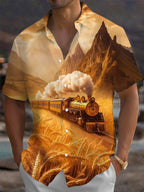 Oceanlyte Men's Vintage Style Vintage Steam Train Print Short Sleeve Shirt with Chest Pocket