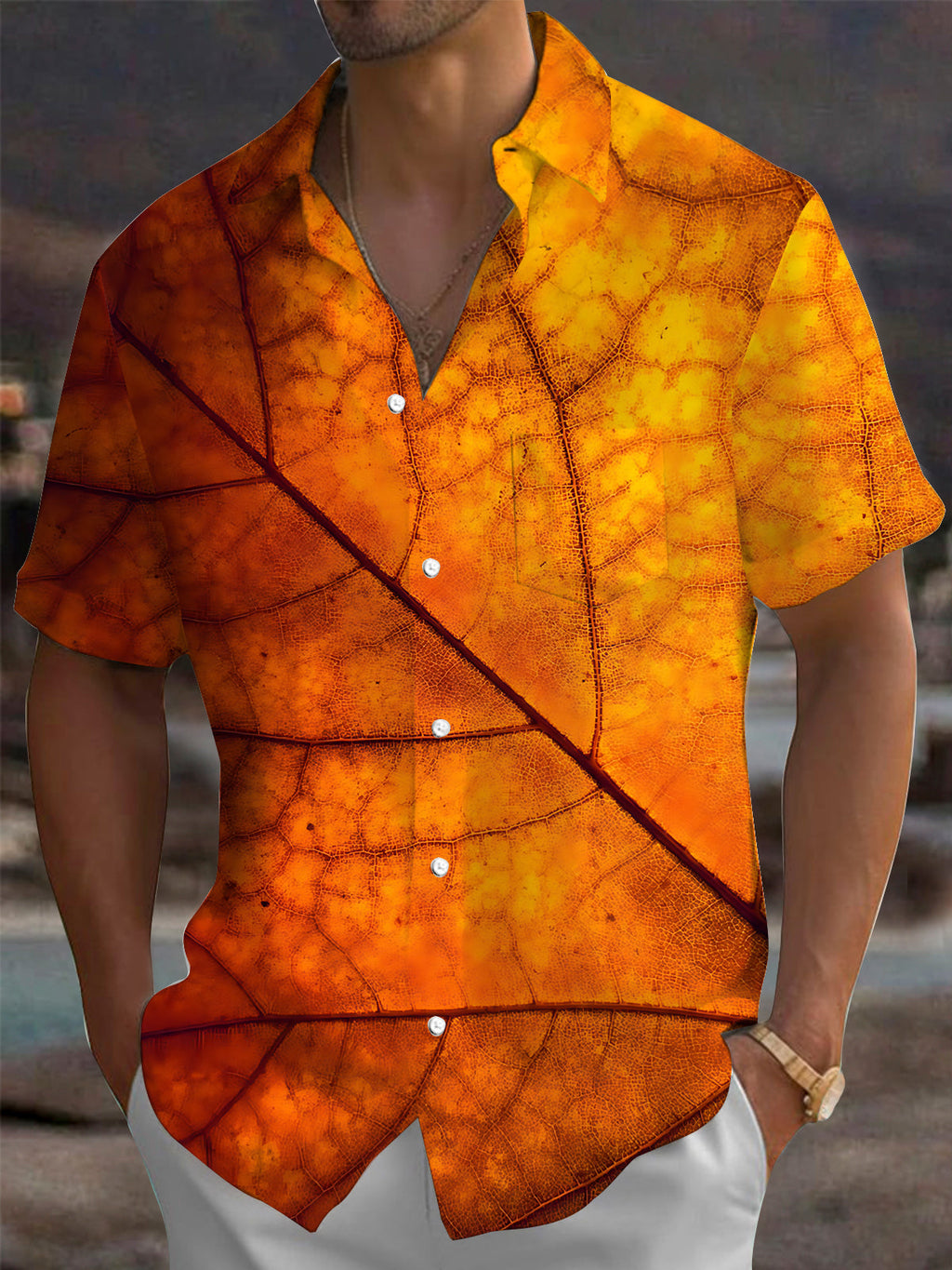 Oceanlyte Men's Printed Autumn Leaf Print Leaf Vein Pattern Short Sleeve Shirt with Chest Pocket