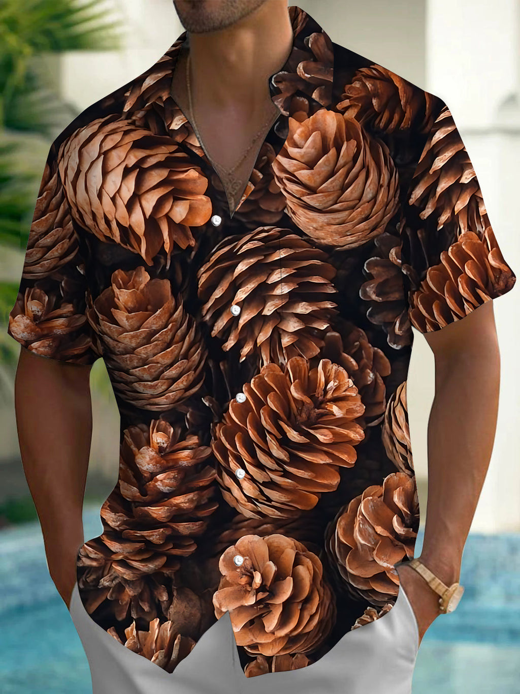 Oceanlyte Men's Hawaiian Pinecone Pattern Short Sleeve Shirt with Chest Pocket