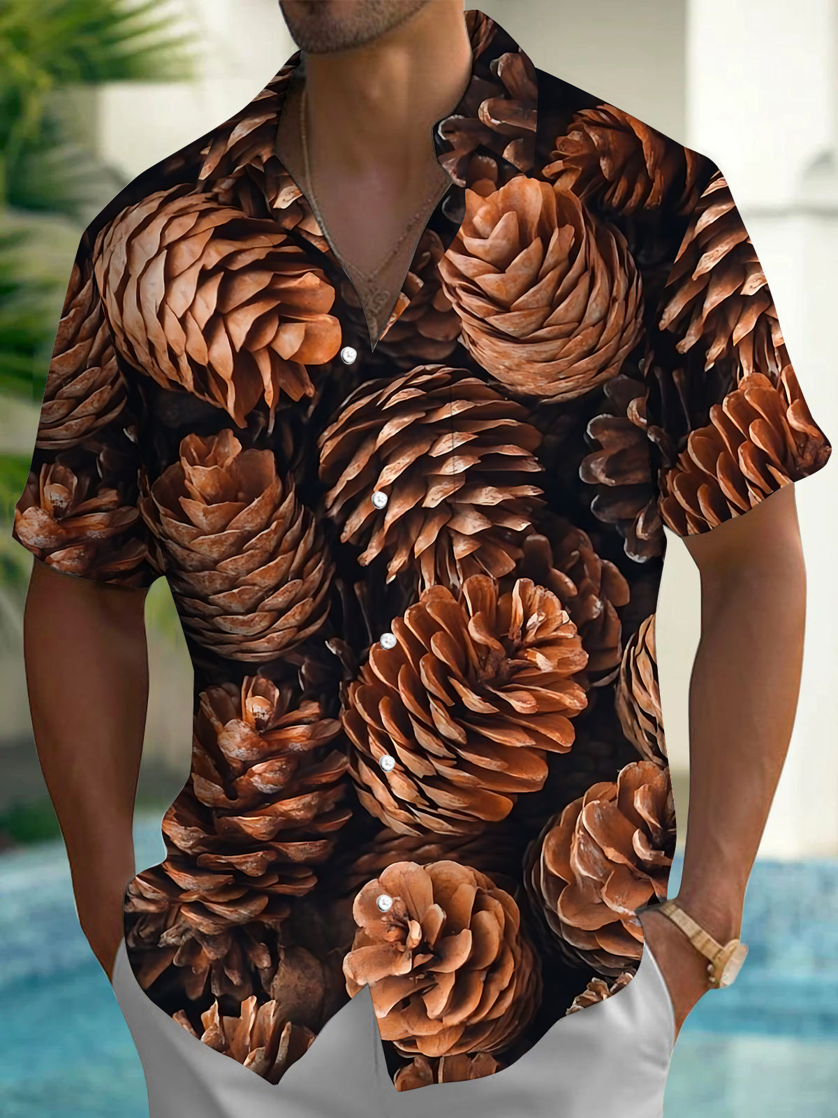 Oceanlyte Men's Hawaiian Pinecone Pattern Short Sleeve Shirt with Chest Pocket