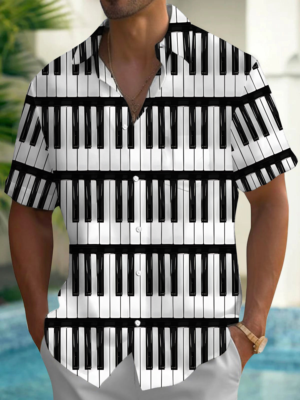 Oceanlyte Men's Graphic Piano Keyboard Print Short Sleeve Shirt with Chest Pocket