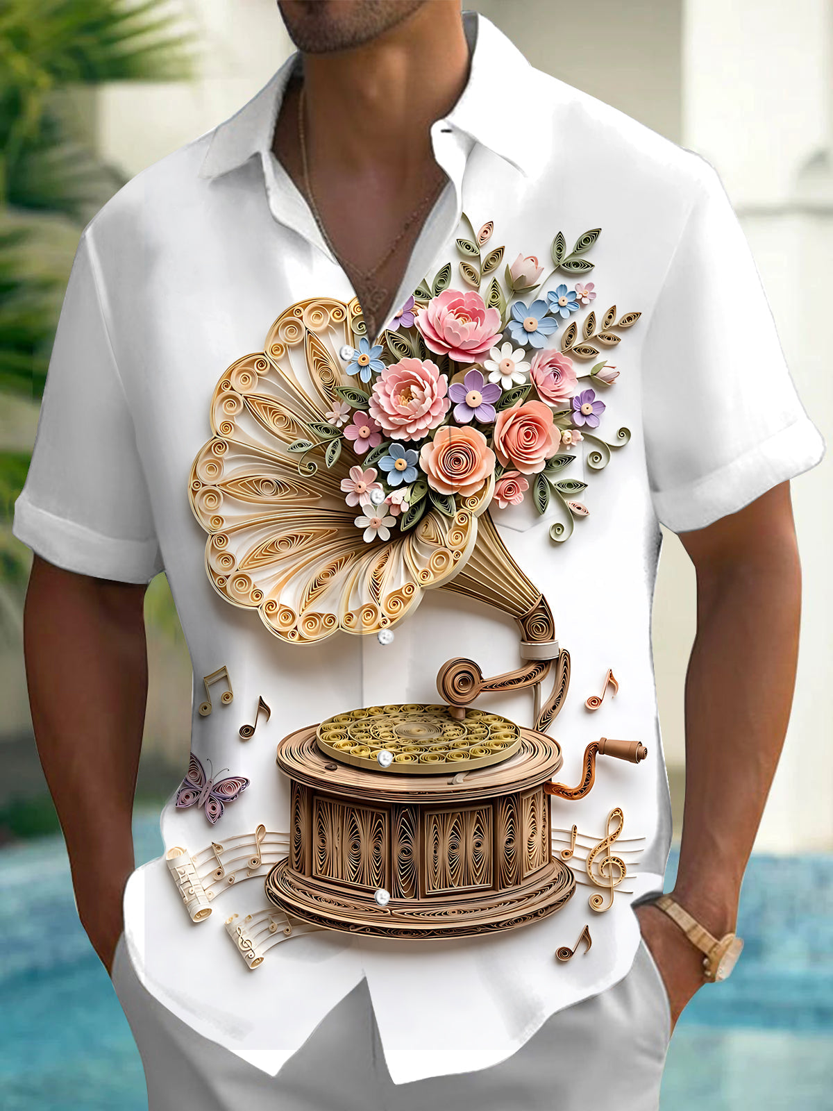 Oceanlyte Men's Vintage Style Quilled Gramophone Print Short Sleeve Shirt with Chest Pocket