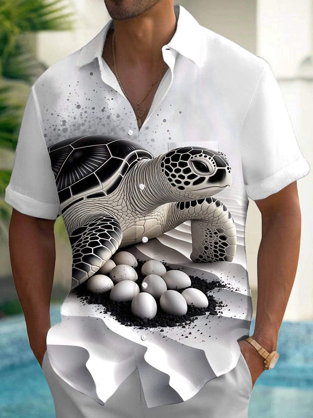 Oceanlyte Men's Graphic Sea Turtle Nesting Print Short Sleeve Shirt with Chest Pocket