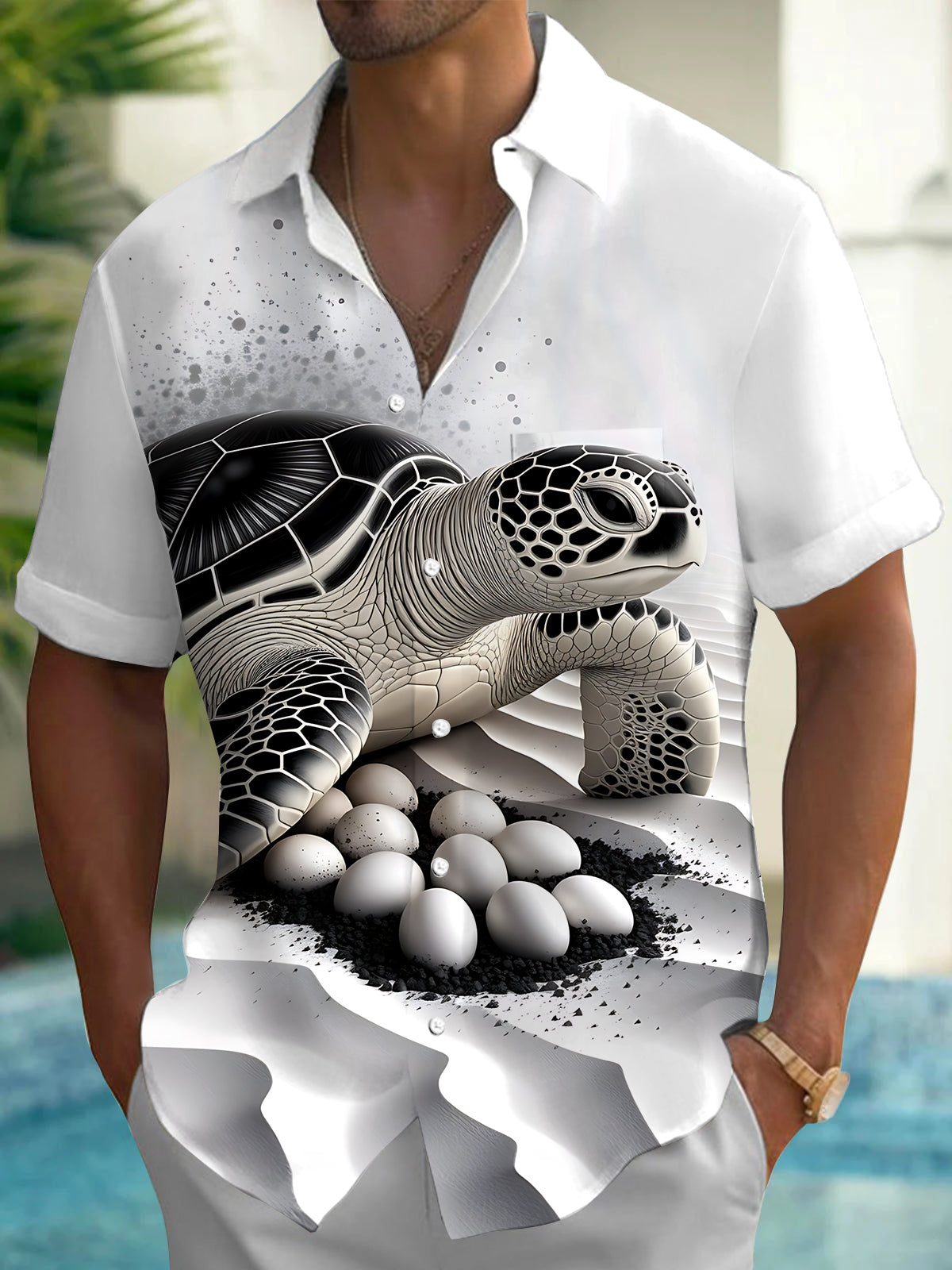 Oceanlyte Men's Graphic Sea Turtle Nesting Print Short Sleeve Shirt with Chest Pocket
