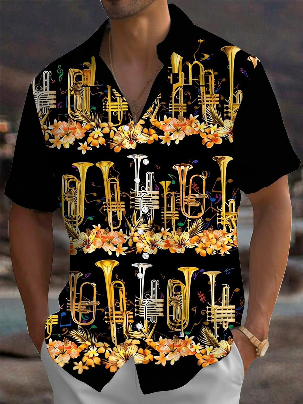 Oceanlyte Men's Hawaiian Brass Instruments Print Short Sleeve Shirt with Chest Pocket