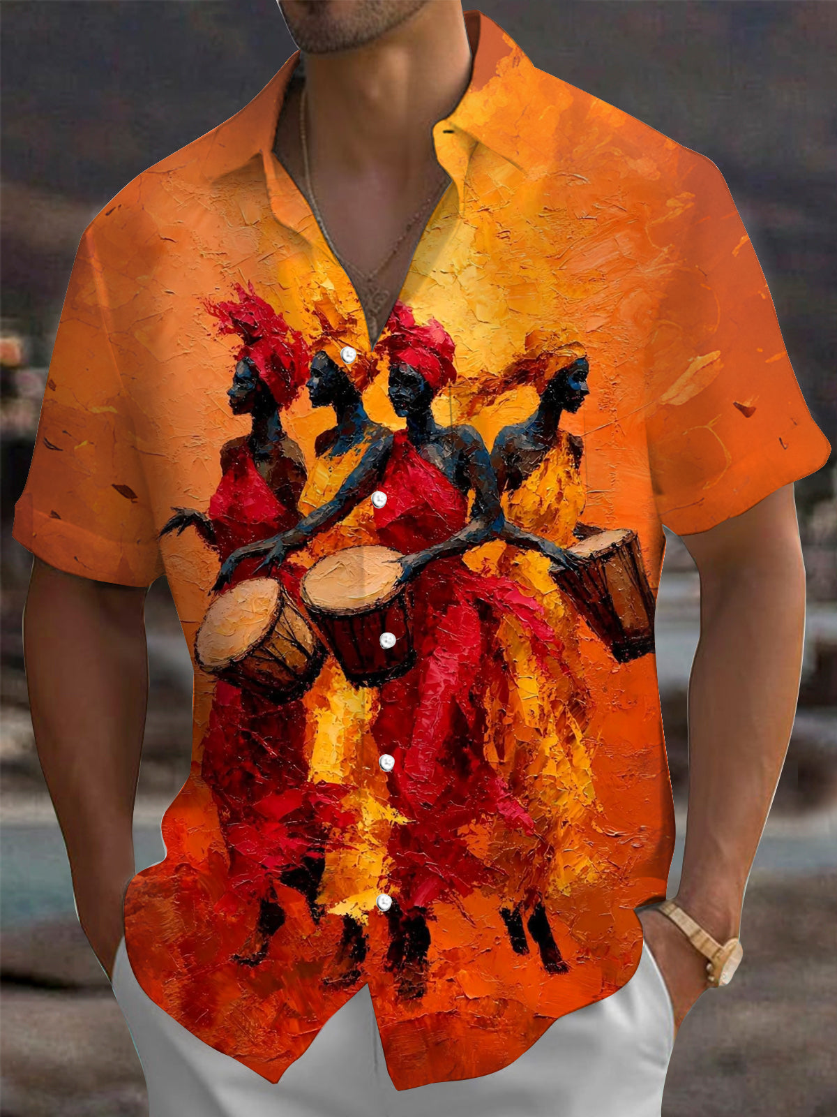 Oceanlyte Men's Graphic African Drum Players Print Short Sleeve Shirt with Chest Pocket