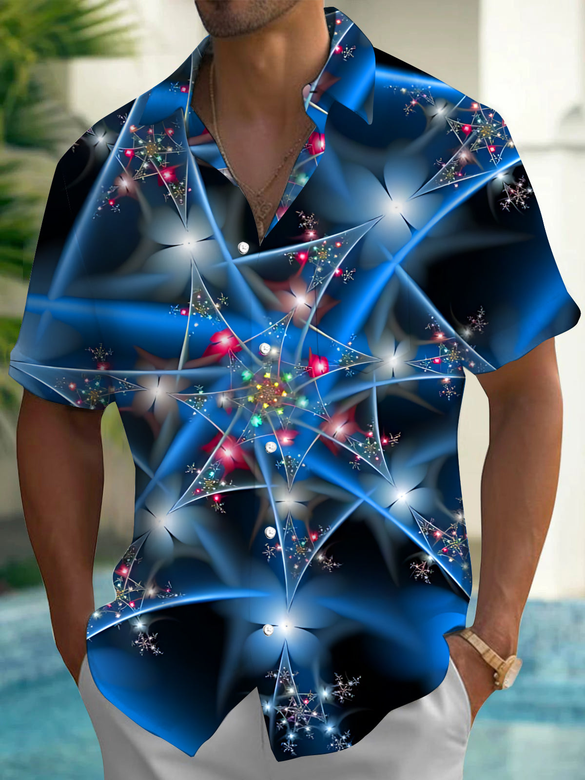 Oceanlyte Men's Printed Abstract Geometric Stars Print Short Sleeve Shirt with Chest Pocket