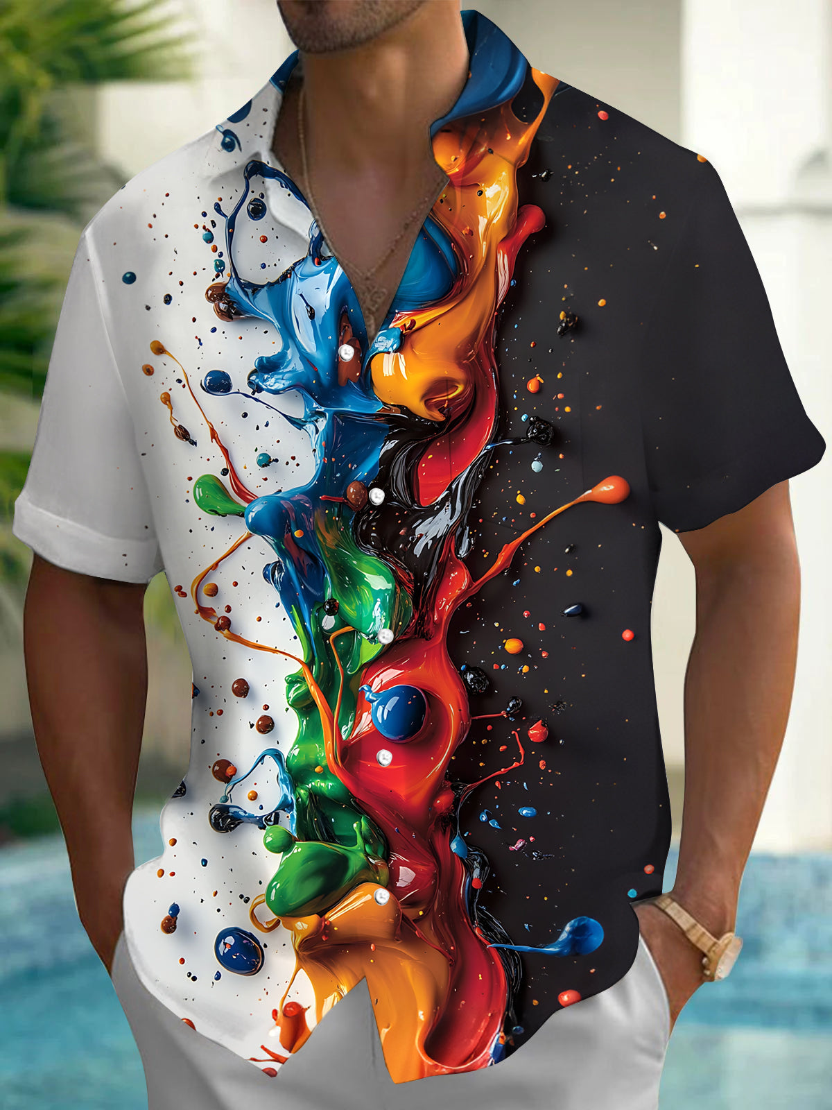Oceanlyte Men's Printed Colorful Paint Splatter Print Short Sleeve Shirt with Chest Pocket