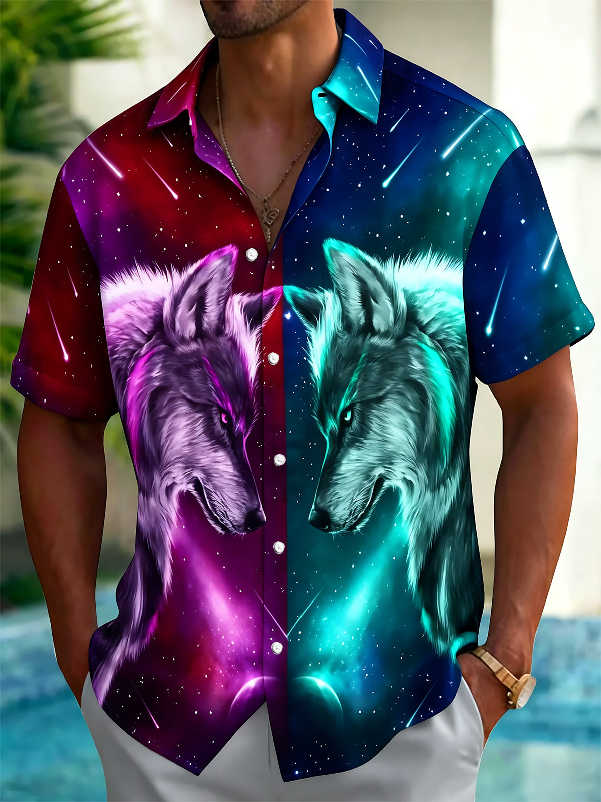 Oceanlyte Men's Graphic Wolf Head Print Starry Sky Print Short Sleeve Shirt with Chest Pocket