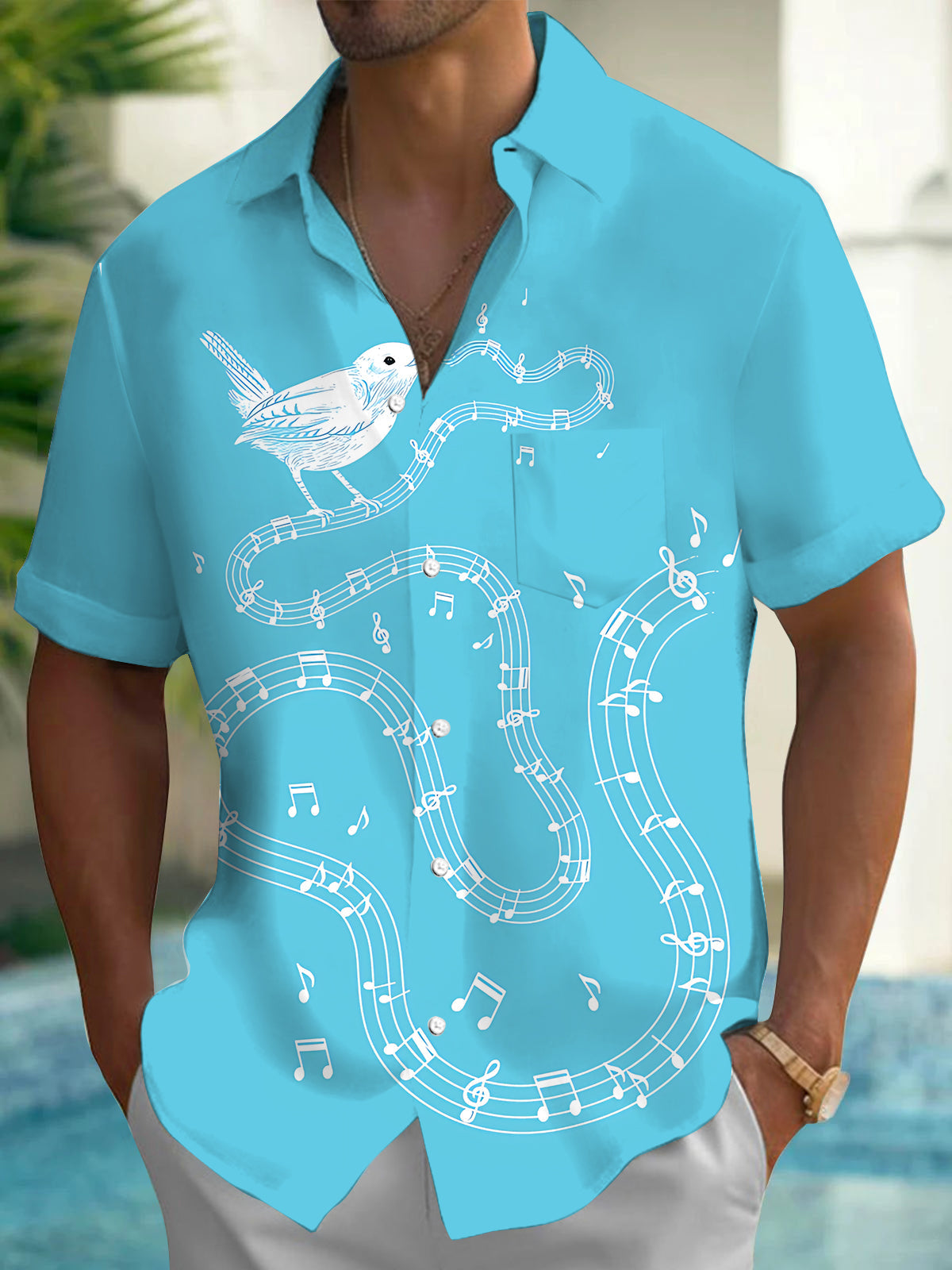Oceanlyte Men's Hawaiian Bird On Musical Staff Print Short Sleeve Shirt with Chest Pocket
