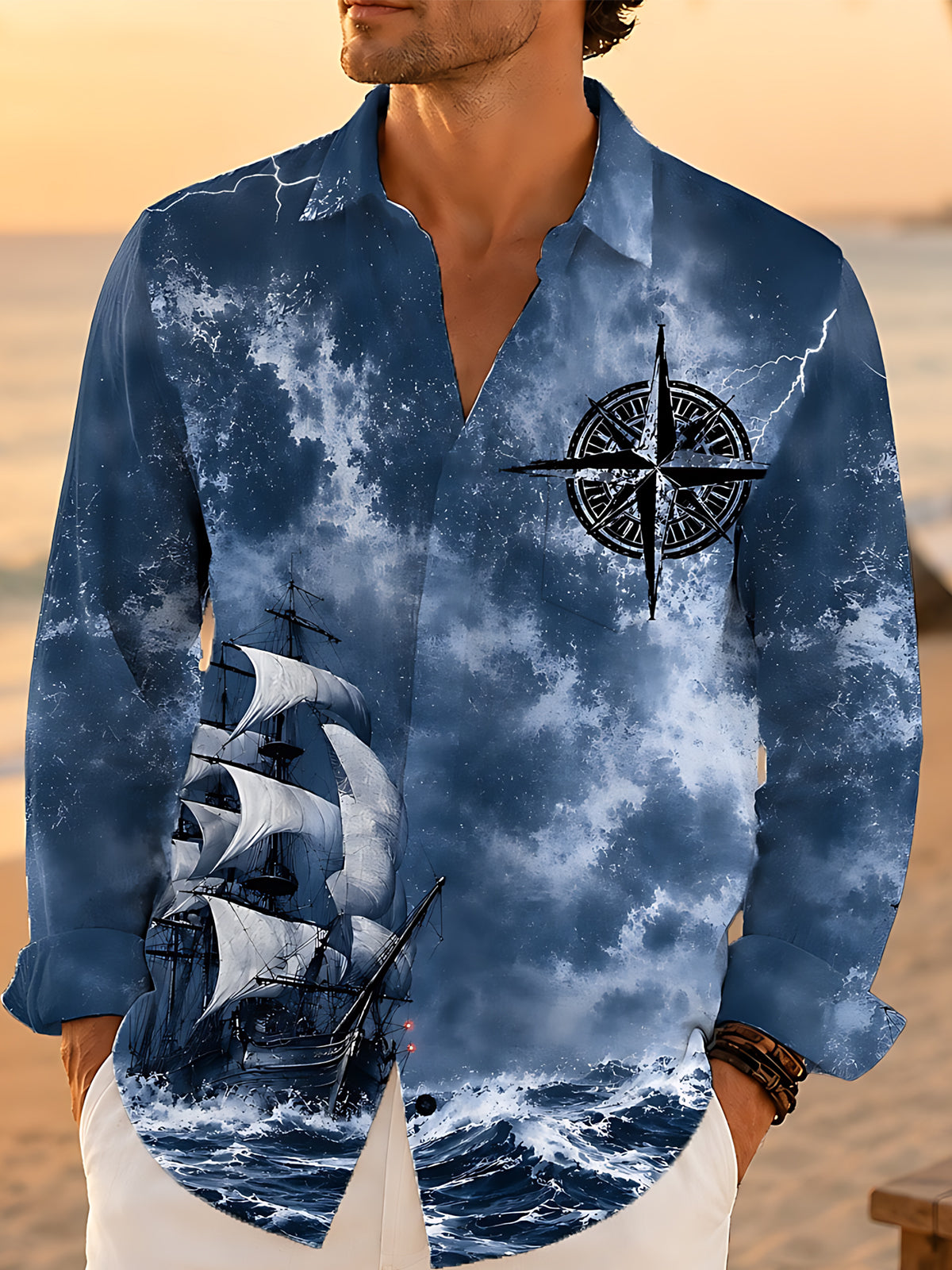 Oceanlyte Men's Vintage Style Sailing Ship Print Long Sleeve Shirt with Chest Pocket