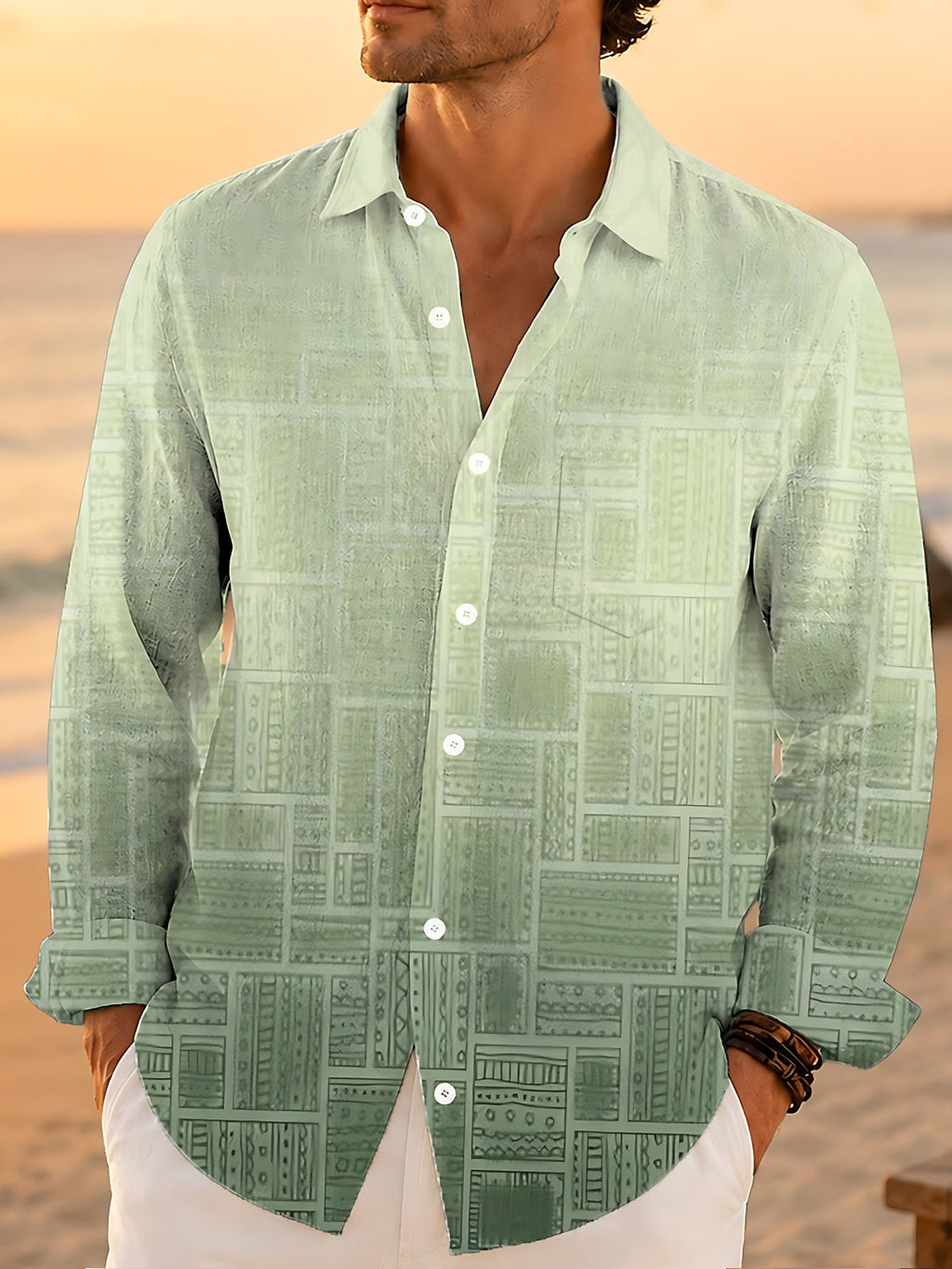 Oceanlyte Men's Patterned Geometric Gradient Squares Print Long Sleeve Shirt with Chest Pocket