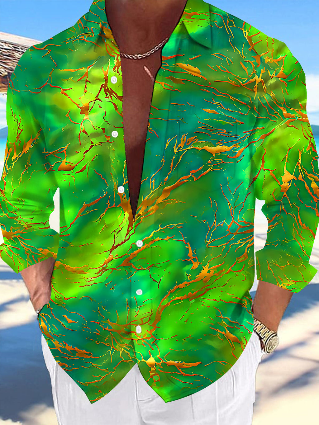 Oceanlyte Men's Printed Abstract Green And Orange Veins Print Long Sleeve Shirt with Chest Pocket