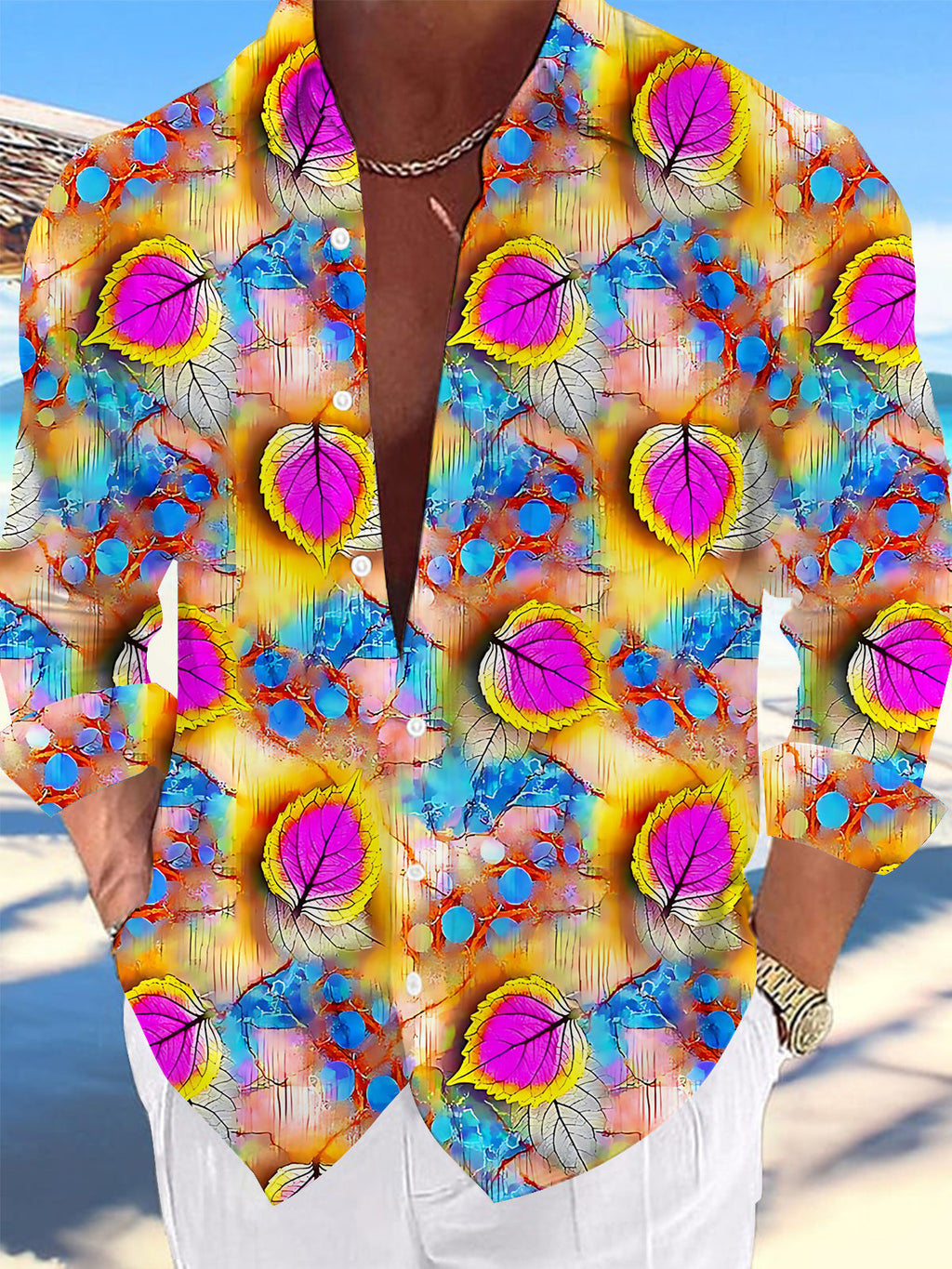 Oceanlyte Men's Hawaiian Colorful Leaf Pattern Long Sleeve Shirt with Chest Pocket
