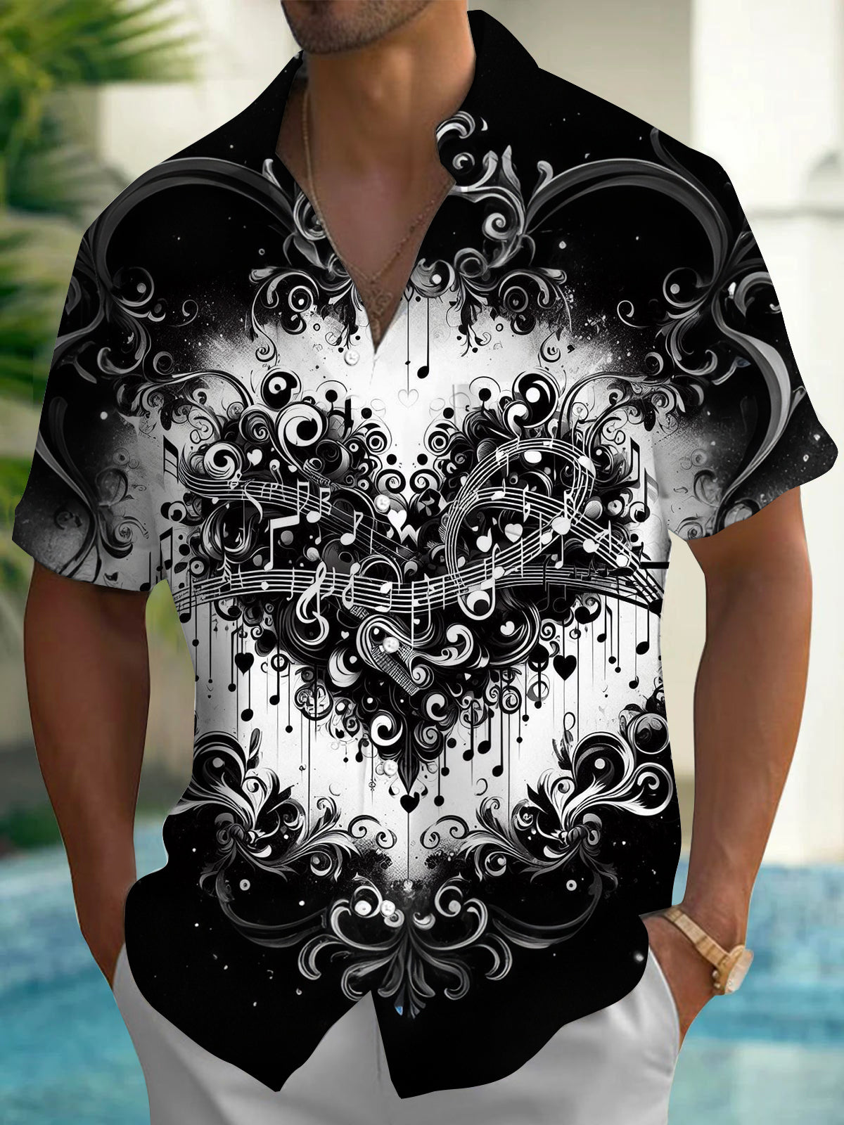 Oceanlyte Men's Graphic Music Notes Print Heart Swirls Print Short Sleeve Shirt with Chest Pocket