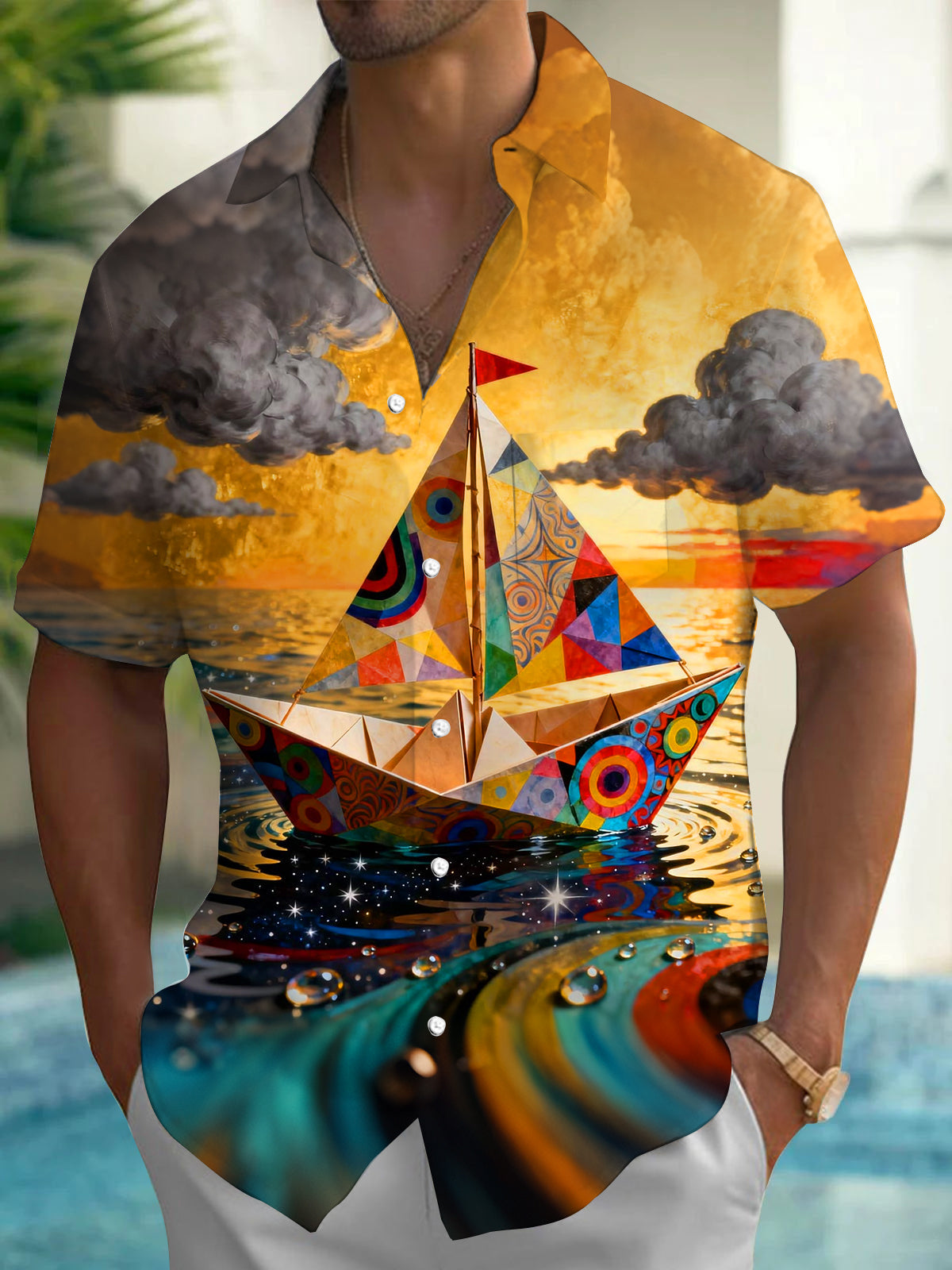 Oceanlyte Men's Graphic Paper Boat Sunset Print Short Sleeve Shirt with Chest Pocket